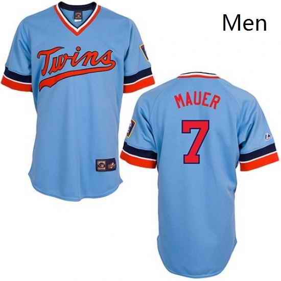 Mens Majestic Minnesota Twins 7 Joe Mauer Authentic Light Blue Cooperstown Throwback MLB Jersey